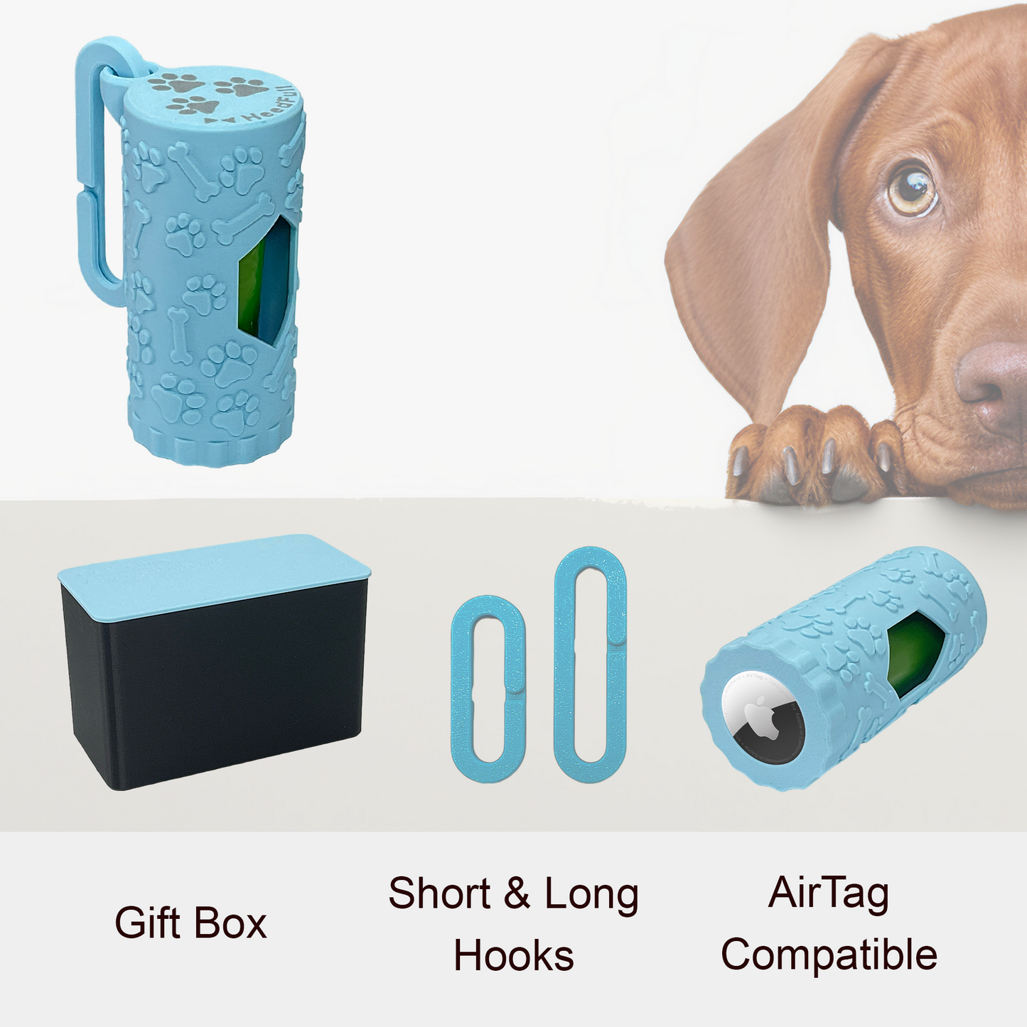 AirTag Dog Waste Bag Holder Dispenser - HeedFull - for Leash, Collar, Carabiner