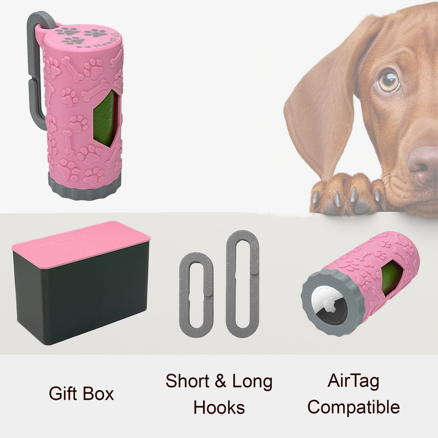 AirTag Dog Waste Bag Holder Dispenser - HeedFull - for Leash, Collar, Carabiner